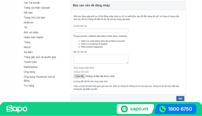 Gửi biểu mẫu khiếu nại Facebook