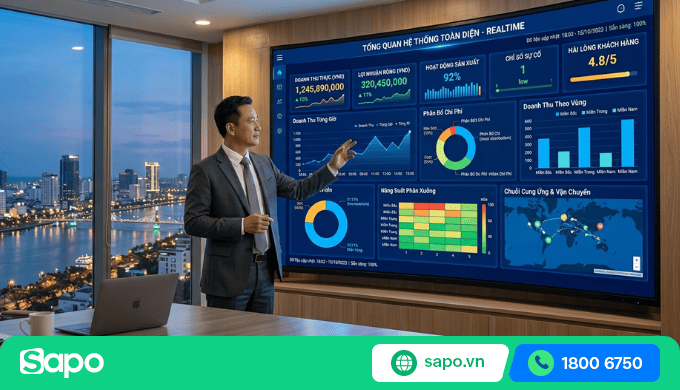 Dashboard minh họa: CEO xem báo cáo realtime toàn hệ thống trên một màn hình