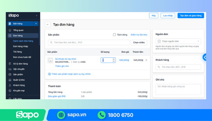 Tạo đơn hàng trên phần mềm Sapo