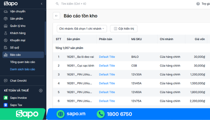 Báo cáo kho siêu thị trên phần mềm Sapo