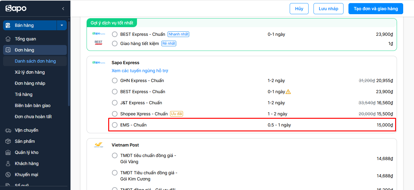 hướng dẫn kết nối EMS qua Sapo Express
