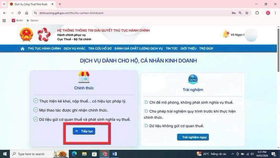 chọn tiếp tục kê khai