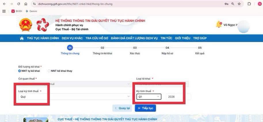 chọn kỳ tính thuế