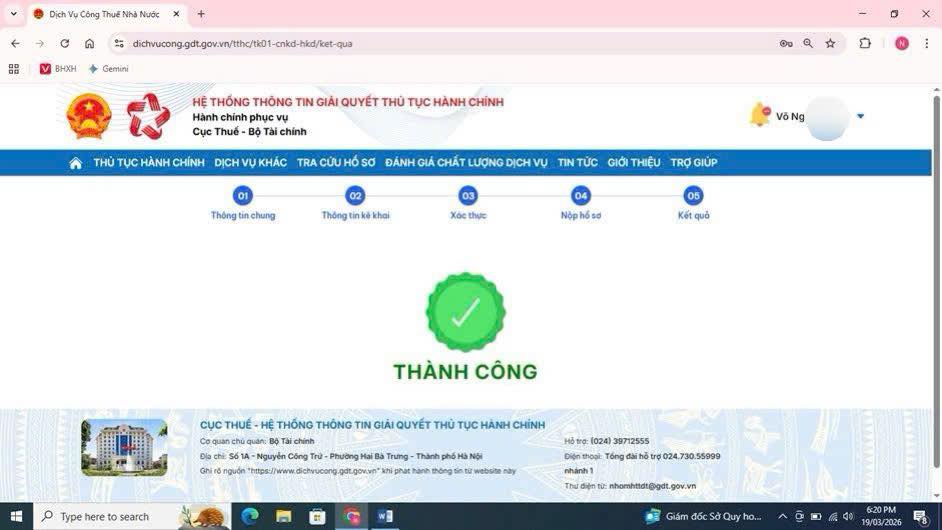 màn hình báo thành công