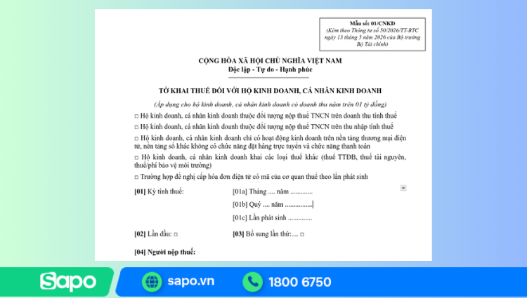 Mẫu tờ khai thuế 01/CNKD
