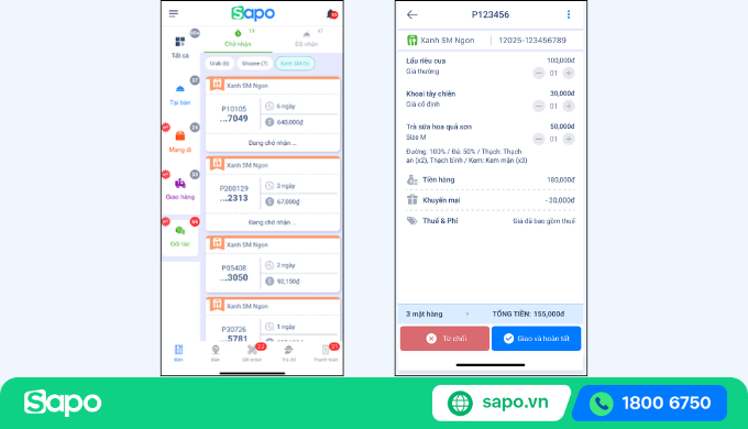 nhận và xử lý đơn hàng xanh sm ngon