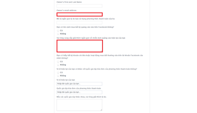 Điền đầy đủ thông tin để kháng nghị tài khoản quảng cáo bị gắn cờ