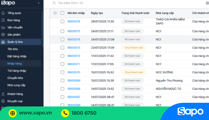 Quản lý kho nhập chi tiết trên phần mềm Sapo