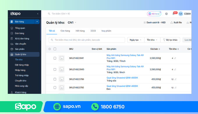 Giao diện phần mềm quản lý bán hàng Sapo