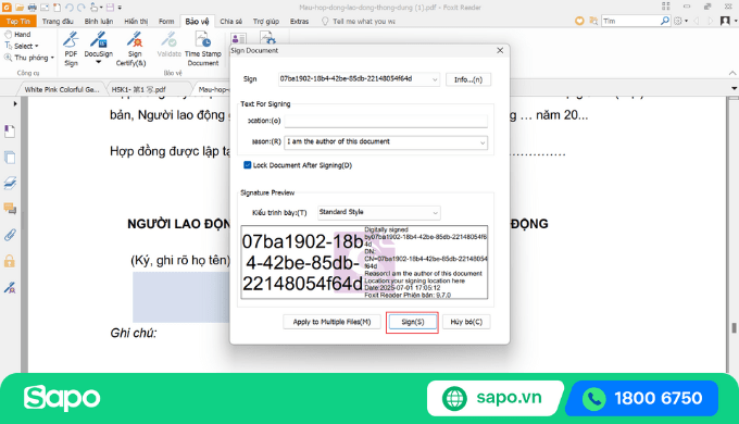 chọn sign để ký chữ ký số trên file pdf