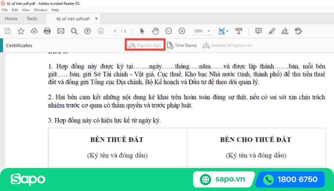 Chọn digitally sign trên acrobat adobe reader