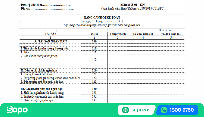 Mẫu bảng cân đối kế toán đối với doanh nghiệp hoạt động liên tục