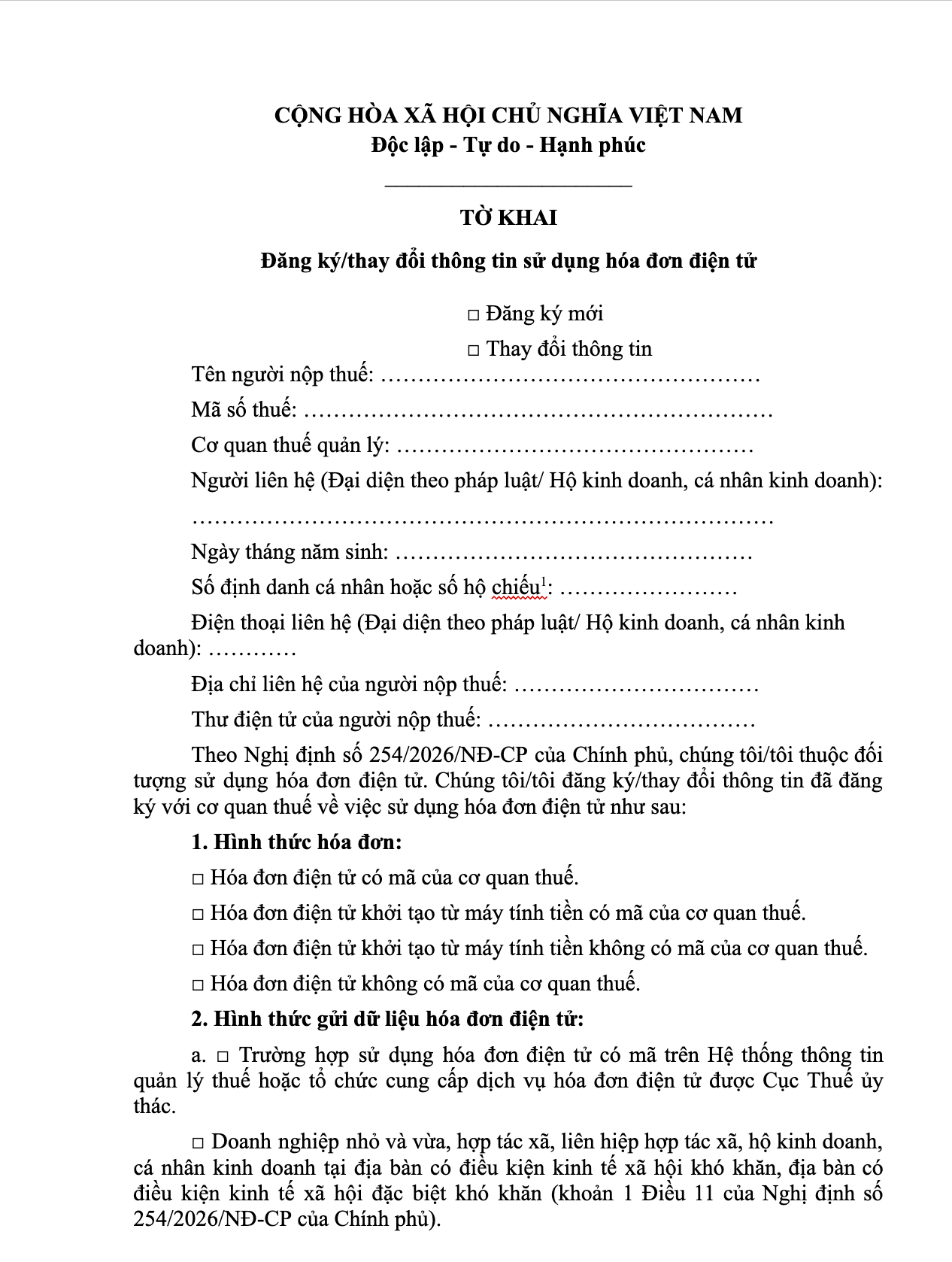 Mẫu đăng ký hoá đơn điện tử