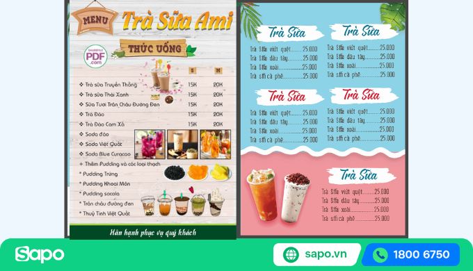 Mẫu menu trà sữa thiết kế tối giản, bố cục rõ ràng
