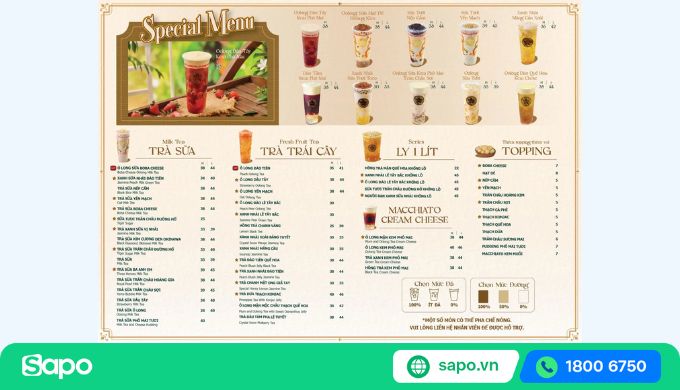 Menu các loại trà sữa được sắp xếp