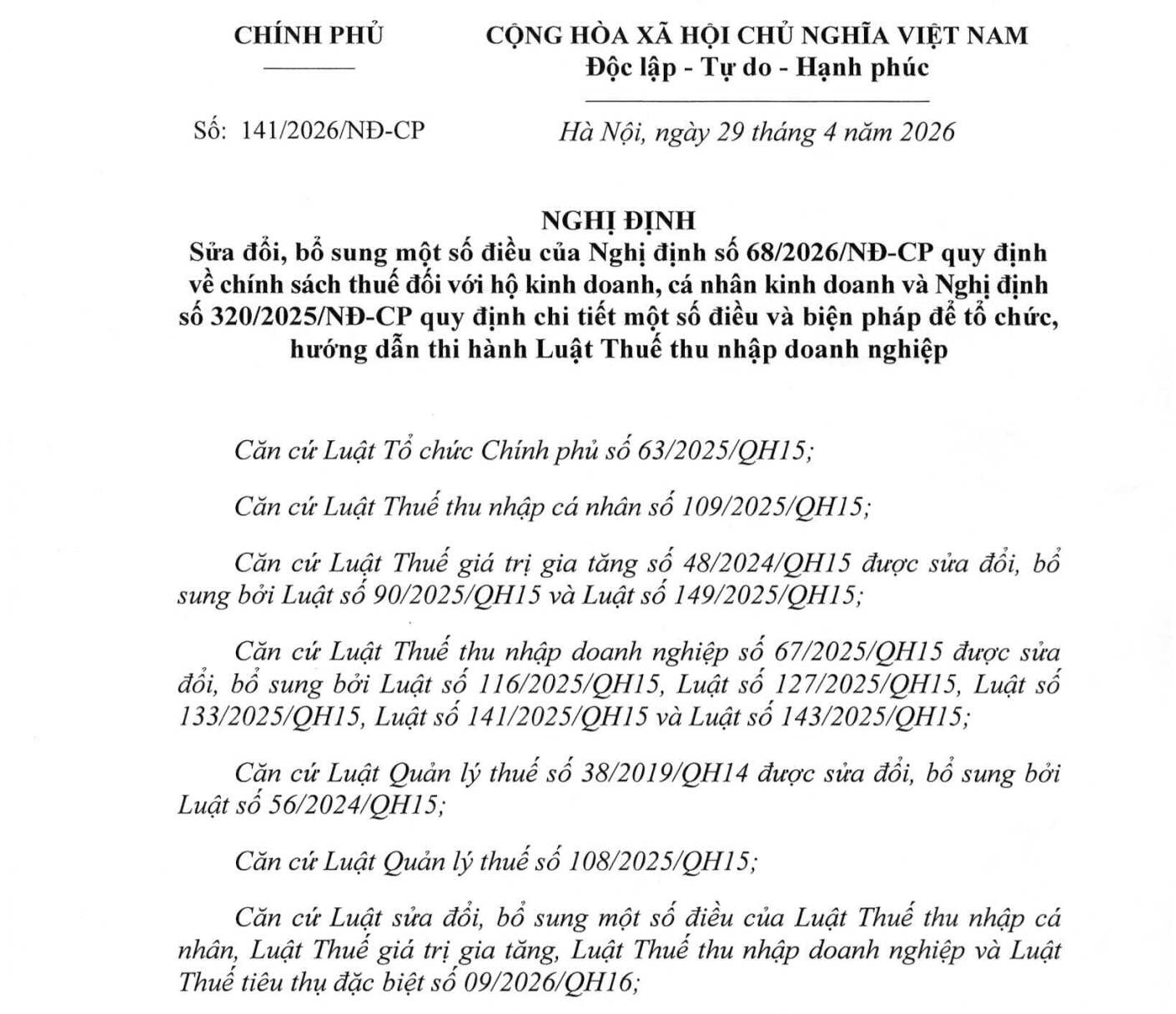 Nghị địng 141/2026/NĐ - CP