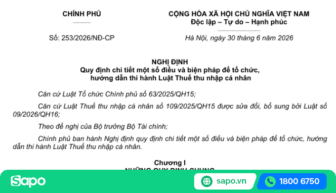Nghị định 253/2026/NĐ-CP quy định chi tiết một số điều và biện pháp tổ chức, hướng dẫn thi hành Luật Thuế thu nhập cá nhân