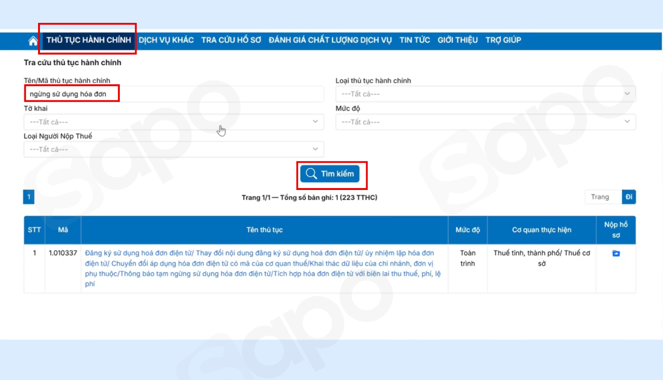 tìm mã thủ tục hành chính