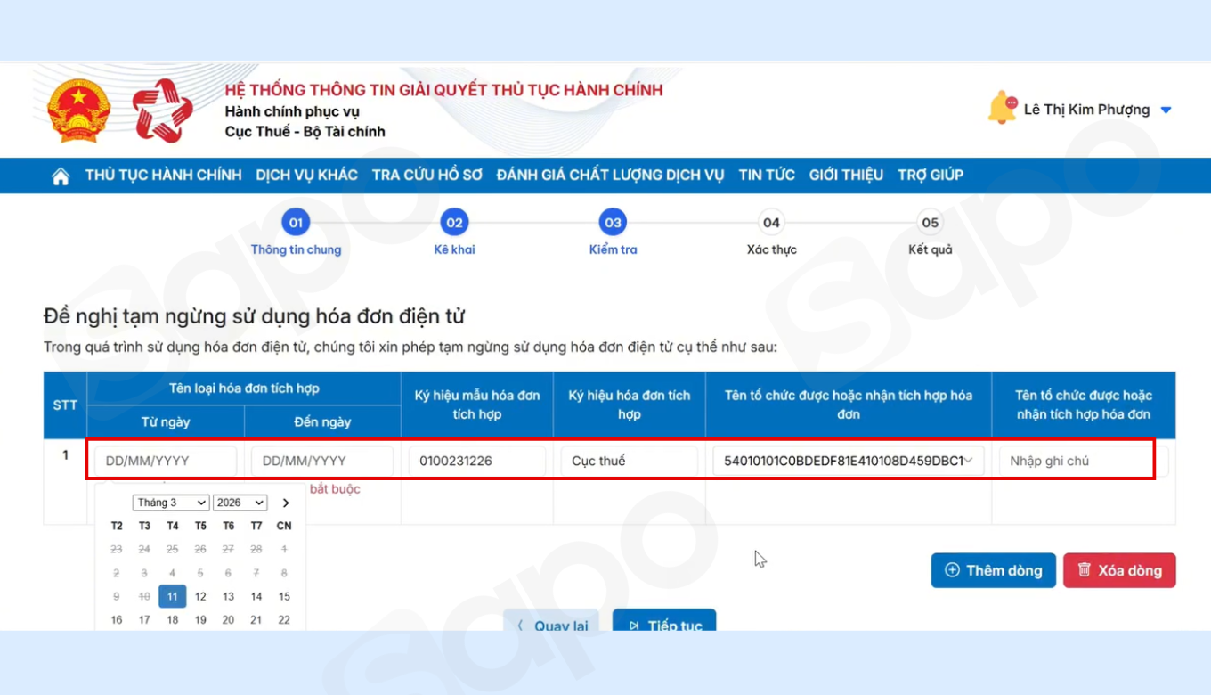 điền thông tin tạm ngừng hóa đơn