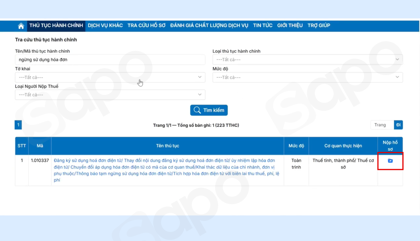 chọn biểu tượng nộp hồ sơ