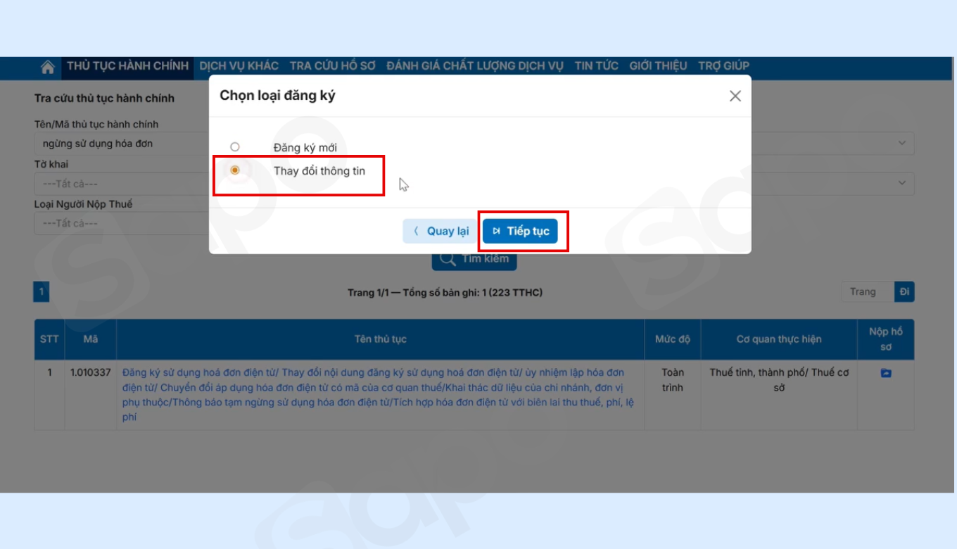 chọn thay đổi thông tin