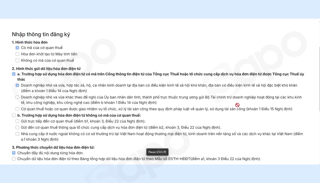 thông tin đăng ký hóa đơn điện tử