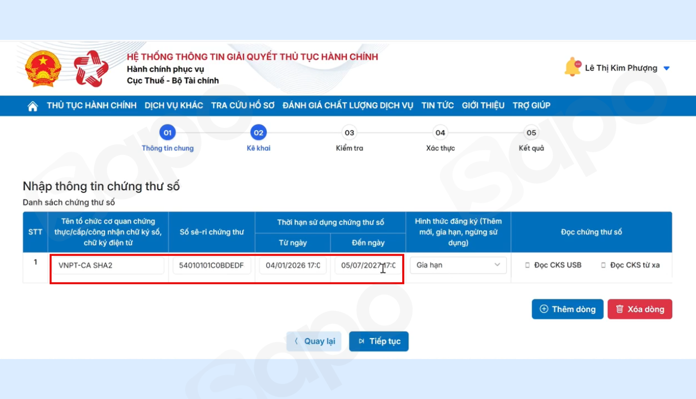 nhập thông tin chứng thư số