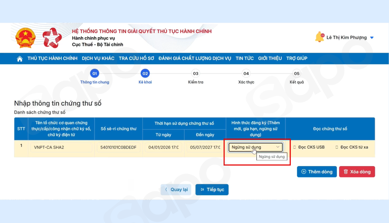 chọn ngừng sử dụng