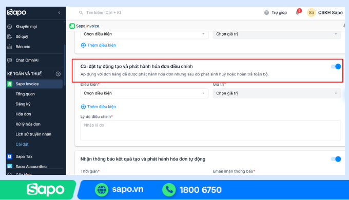 Tự động tạo hóa đơn điều chỉnh
