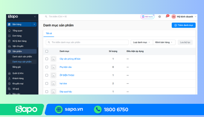 Màn hình quản lý danh mục sản phẩm trên phần mềm Sapo