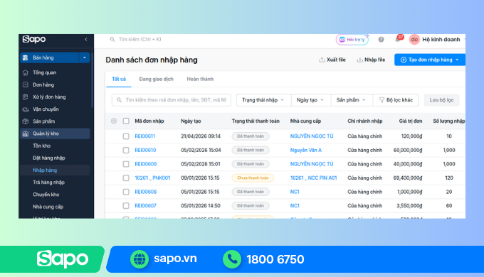 Quản lý danh sách đơn nhập hàng chi tiết
