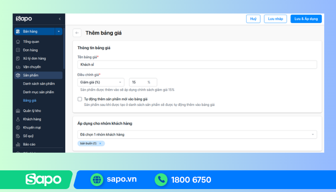 Thiết lập bảng giá bán riêng cho từng nhóm khách hàng