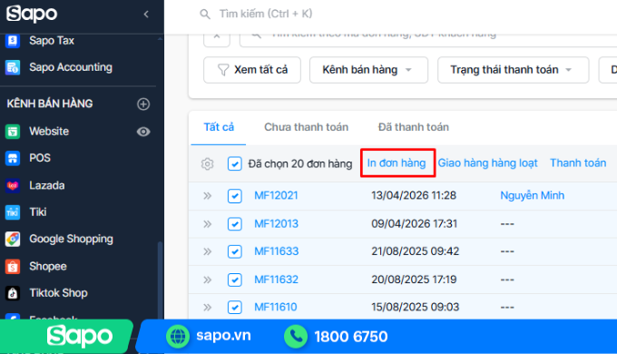 Phần mềm in đơn hàng Shopee Sapo