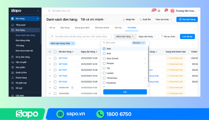Quản lý đơn hàng đồng bộ website và cửa hàng trên Sapo