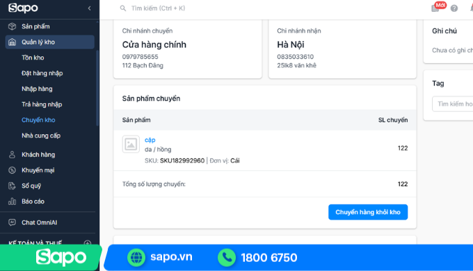 Kiểm soát số lượng luân chuyển kho giữa các chi nhánh chính xác