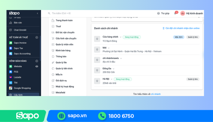 Quản lý chi nhánh cửa hàng điện thoại trên phần mềm Sapo