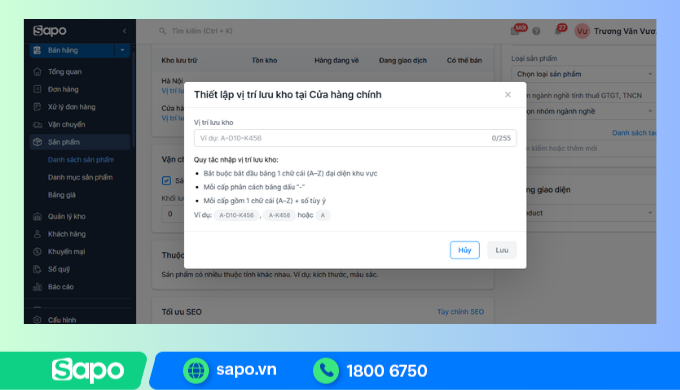 Thiết lập vị trí lưu kho trên phần mềm quản lý phụ tùng ô tô Sapo