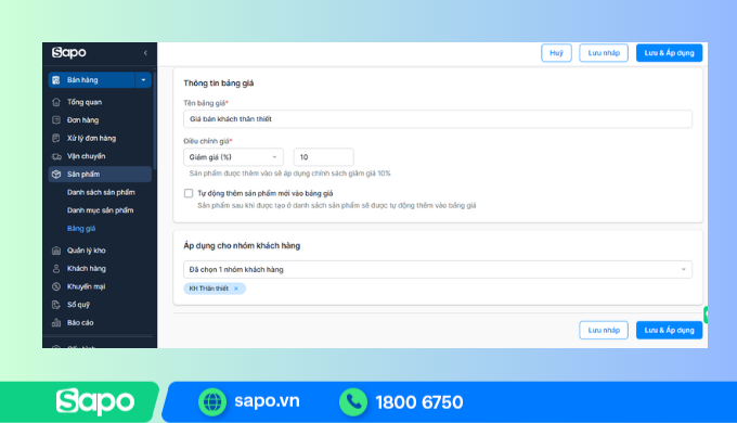 Quản lý giá bán theo nhóm khách hàng trên phần mềm quản lý bán phụ tùng ô tô Sapo