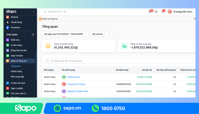 Theo dõi công nợ chi tiết trên Sapo