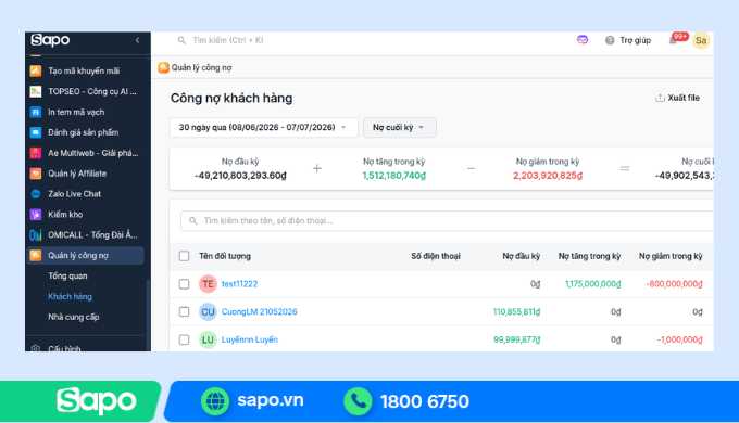 Phần mềm quản lý công nợ Sapo