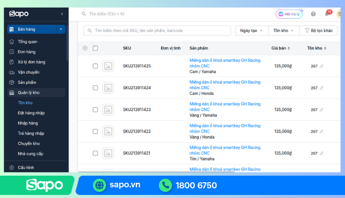 Quản lý chi tiết mã phụ tùng, phụ kiện đồ chơi xe máy trên phần mềm Sapo