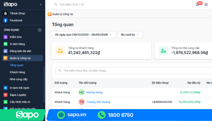 Quản lý công nợ khách hàng trên phần mềm Sapo
