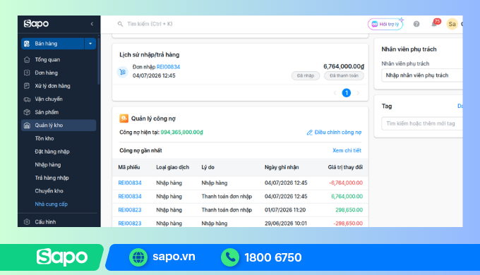 Quản lý công nợ nhà cung cấp trên phần mềm Sapo