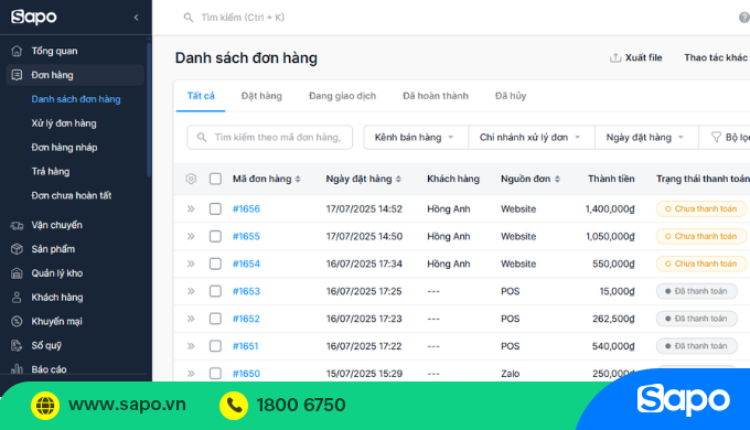 Quản lý đơn hàng trên phần mềm Sapo