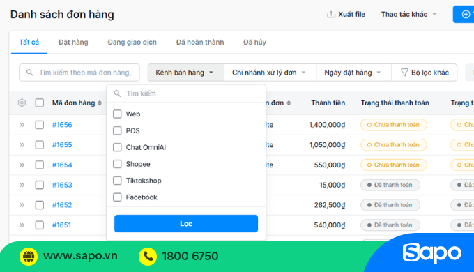 Đơn hàng từ các kênh bán quản lý tập trung tại một nơi trên phần mềm Sapo