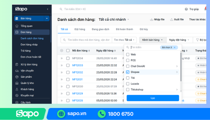 Đơn hàng Shopee và các kênh bán được quản lý tập trung trên phần mềm Sapo