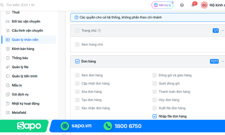 Phân quyền cho nhân viên tại khu vui chơi trên phần mềm Sapo