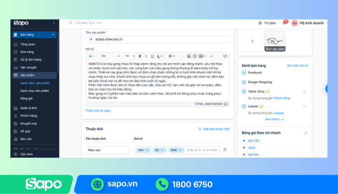 Quản lý thông tin sản phẩm kính chi tiết
