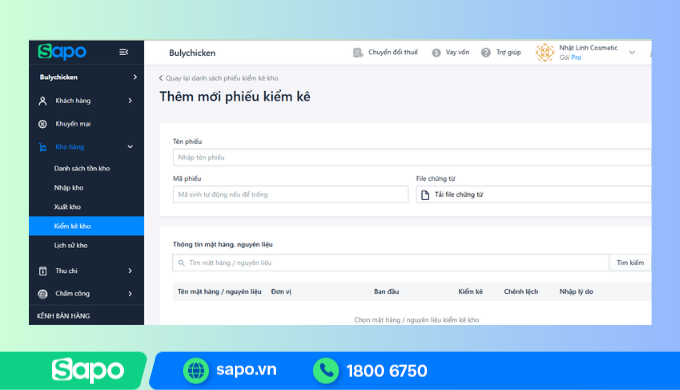 Tạo phiếu kiểm kê kho trên phần mềm quản lý nhà hàng hải sản Sapo