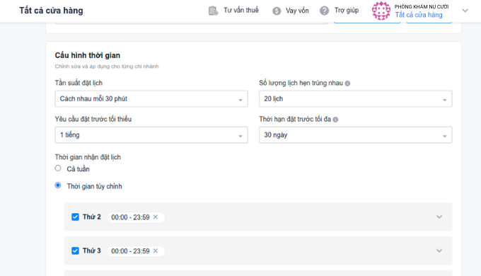 cấu hình thời gian đặt lịch trên Sapo